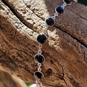 Sterling Silver Black Onyx Gemstone Bracelet – 9 Stones, 925 Silver, 20cm